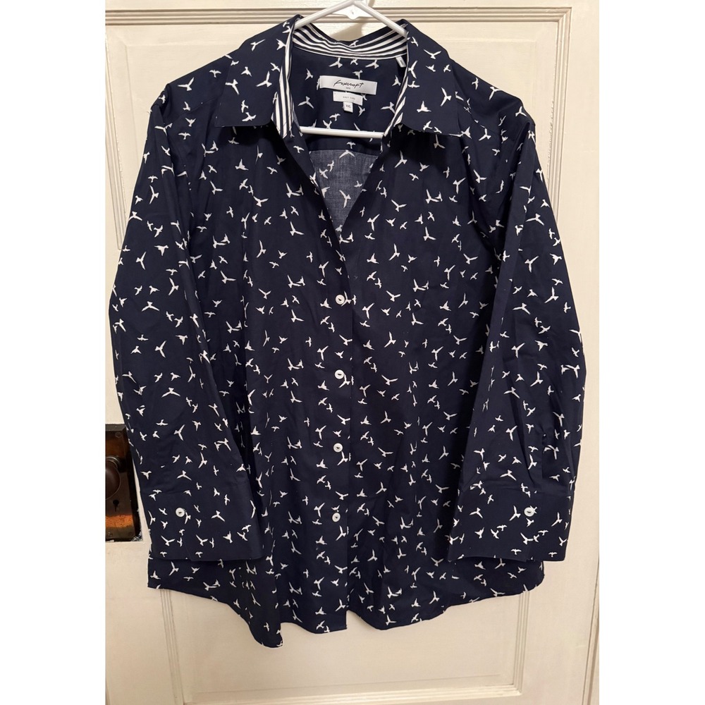 Foxcroft Womens size‎ XXL Navy Blue White Bird Print Button Down Easy Care Shirt